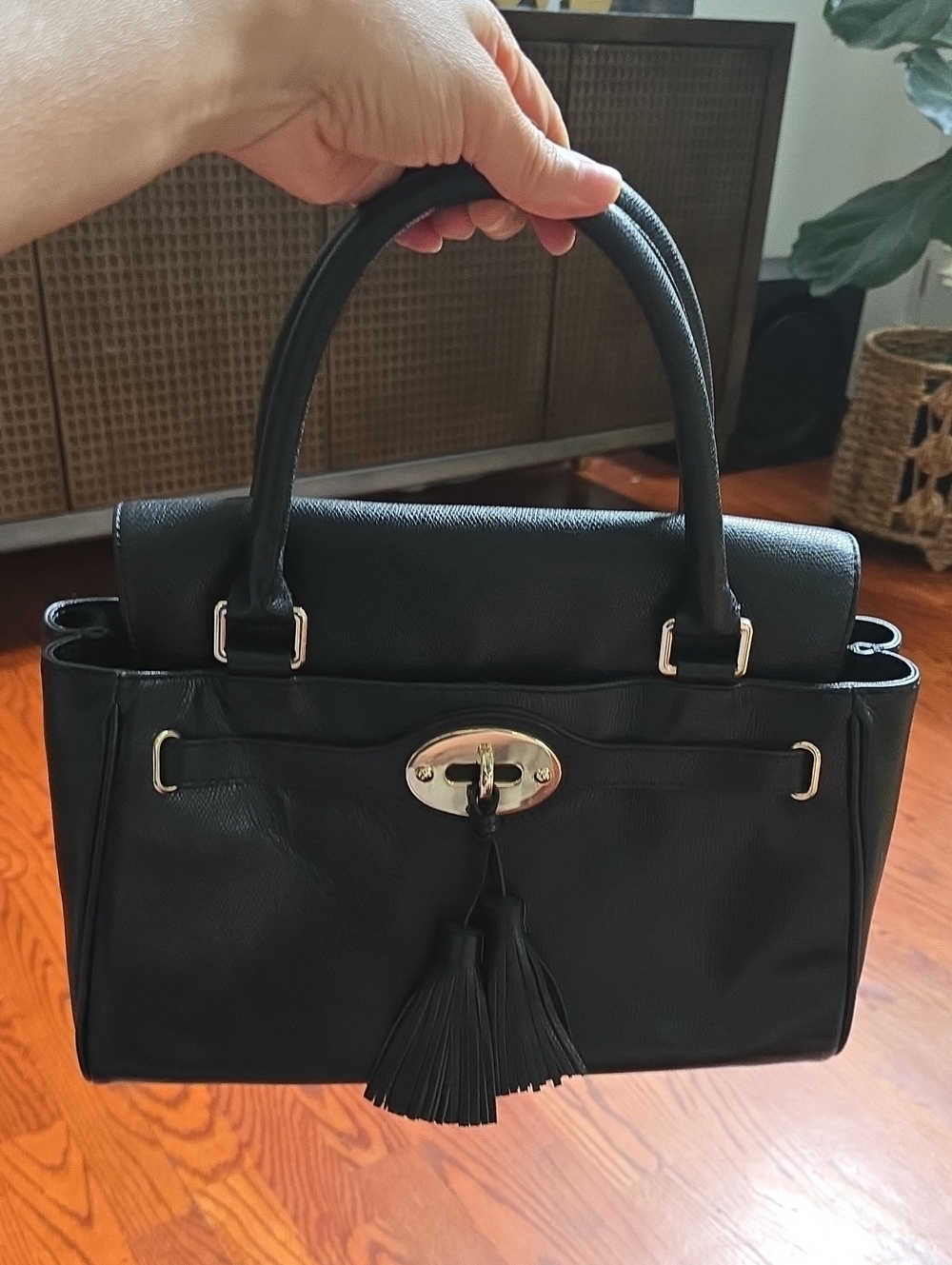 Talbots Black Pebbled Leather Top-Handle Satchel with Tassels